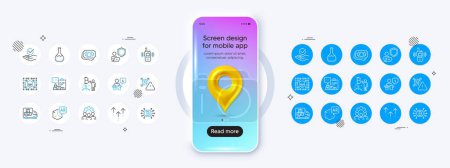 Illustration for Phone mockup with 3d map pin icon. Binary code, Bitcoin project and Team work line icons. Pack of Chemistry lab, Podium, Transmitter icon. Shield, Approved, Augmented reality pictogram. Vector - Royalty Free Image