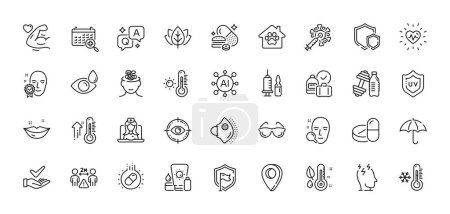 Illustration for Eye drops, Social distance and Face verified line icons pack. AI, Question and Answer, Map pin icons. Thermometer, Organic tested, Medical vaccination web icon. Vector - Royalty Free Image