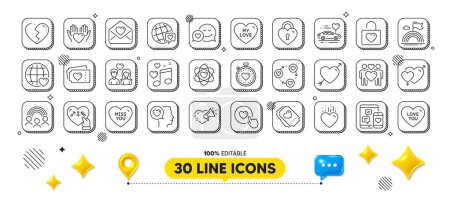 Illustration for Heartbeat timer, Love ticket and Heart line icons pack. 3d design elements. Lgbt, Genders, Inclusion web icon. Love lock, Friends community, Like button pictogram. Vector - Royalty Free Image