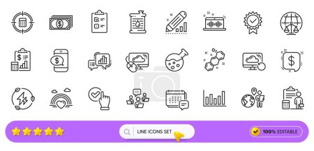 Checkbox, Payment and Green electricity line icons for web app. Pack of Teamwork, Payment message, Oil barrel pictogram icons. Chemical formula, Accounting, Cloud computing signs. Search bar. Vector