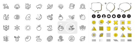 Ilustración de Conjunto de gusanos, clima de nieve e iconos de la línea Sunrise para la aplicación web. Elementos de diseño, iconos de redes sociales. Energía verde, cereza, iconos de almohada. Arco iris, copo de nieve, signos de frijoles. Vector - Imagen libre de derechos