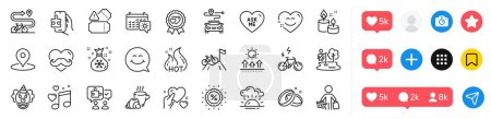 Illustration for Buyer, Puzzle game and E-bike line icons pack. Social media icons. Father day, Smile chat, Fishing place web icon. Clown, Aroma candle, Love music pictogram. Coffee break, Love award, Discount. Vector - Royalty Free Image