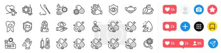 Ilustración de Paquete de iconos de la línea de vacunación, cuidado social y máscara médica. Iconos de redes sociales. Vacuna contra el coronavirus, mineral de molibdeno, icono de la tela de té de menta. Vector - Imagen libre de derechos