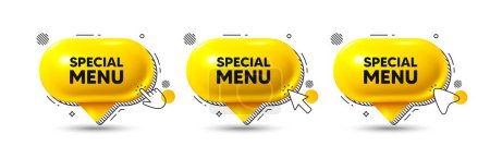 Illustration for Chat speech bubble 3d icons. Special menu tag. Kitchen food offer. Restaurant menu. Special menu chat offer. Speech bubble banners. Text box balloon. Vector - Royalty Free Image