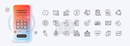 Carousels, Currency rate and Heartbeat line icons for web app. Phone mockup gradient screen. Pack of Chemistry lab, Journey path, Bitcoin pictogram icons. Vector