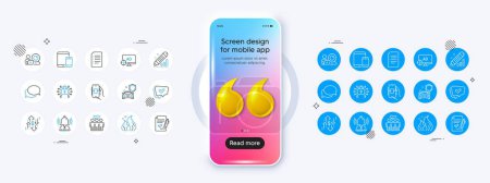 Approved agreement, Edit statistics and Brand line icons. Phone mockup with 3d quotation icon. Pack of Employees group, Messenger, Document icon. Car secure, Fire energy, Dollar rate pictogram. Vector
