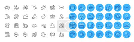 Illustration for Video conference, Computer security and Certificate line icons pack. Coffee break, Fake news, Water bowl web icon. Microscope, Fraud, Bowl dish pictogram. Sun protection, Popcorn, Leaf. Vector - Royalty Free Image