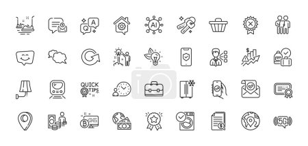 Ilustración de Portafolio, 5g wifi y paquete de iconos de línea de refrigerador. AI, Pregunta y Respuesta, Iconos de pin de mapa. Protección telefónica, chat de sonrisas, icono web de negocios globales. Pin, encuesta, pictograma de mensajero. Vector - Imagen libre de derechos