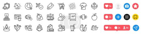 Illustration for Teamwork, Hold heart and Carrots line icons pack. Social media icons. E-mail, Green energy, Sea mountains web icon. Smile, Augmented reality, Currency exchange pictogram. Vector - Royalty Free Image