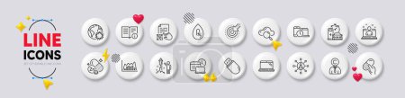 Qr code, Technical info and Coronavirus line icons. White buttons 3d icons. Pack of Capsule pill, Zinc mineral, Charging station icon. Infographic graph, Cloud computing, Work time pictogram. Vector