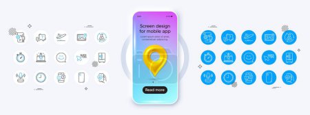Illustration for Phone mockup with 3d map pin icon. Timer, Time and Chemistry experiment line icons. Pack of Refrigerator, Phone survey, Start business icon. Vector - Royalty Free Image