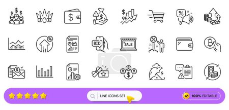 Discount, Inflation and Crown line icons for web app. Pack of Column chart, Salary employees, Discounts offer pictogram icons. Change money, Accounting report, Trade infochart signs. Vector