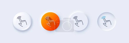 Ilustración de Icono de línea de cursor de mano. Neumorfa, gradiente naranja, botones de pin 3d. Haga clic en signo de acción. Símbolo puntero de dedo. Iconos de línea. Botones neumórficos con signos de contorno. Vector - Imagen libre de derechos