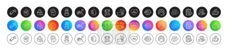 Illustration for Organic product, Mountain bike and Mint tea line icons. Round icon gradient buttons. Pack of Uv protection, Heartbeat, Rubber gloves icon. Intestine, Medical syringe, Salad pictogram. Vector - Royalty Free Image