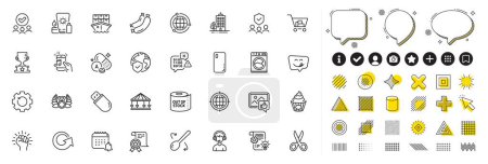 Illustration for Set of Sausage, Winner cup and World insurance line icons for web app. Design elements, Social media icons. Recovery gear, Music phone, Cake icons. Yummy smile, Calendar, Like photo signs. Vector - Royalty Free Image