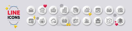Court building, Balcony and Skyscraper buildings line icons. White buttons 3d icons. Pack of Shop, Sleep, Sports arena icon. Loan house, Food market, Market pictogram. Vector