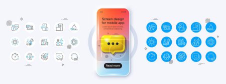 Illustration for Phone mockup with 3d chat icon. Smile face, Waterproof and Filling station line icons. Pack of Device, Electricity price, Online survey icon. 360 degrees, Phone message, Timer pictogram. Vector - Royalty Free Image
