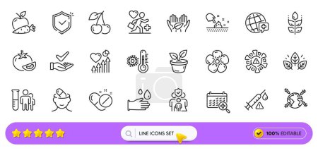 Illustration for Dermatologically tested, World medicine and Cherry line icons for web app. Pack of Vaccine attention, Skin moisture, Coronavirus pictogram icons. Heart beat, Medical analyzes. Search bar. Vector - Royalty Free Image