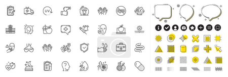Set of Capsule pill, Vaccine announcement and Ambulance car line icons for web app. Design elements, Social media icons. Bicycle parking, No sun, Uv protection icons. Vector