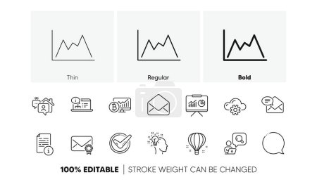 Idea, Mail and New mail line icons. Pack of Air balloon, Cloud computing, Confirmed icon. Manual, Presentation, Work home pictogram. Inspect, Online documentation, Diagram. Speech bubble. Vector