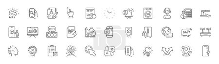 User notification, Pin and Excise duty line icons. Pack of Bid offer, Intersection arrows, Phone video icon. Power certificate, Touchscreen gesture, 24h service pictogram. Weather phone. Vector
