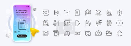 Illustration for Vip mail, Smile face and Artificial intelligence line icons for web app. Phone mockup gradient screen. Pack of 24h service, Cloud system, Search document pictogram icons. Vector - Royalty Free Image