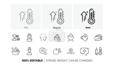 Thermometer, Sun cream and Medical mask line icons. Pack of Hospital nurse, Salad, Dumbbell icon. Medical chat, Face scanning, High thermometer pictogram. No sun, Blood donation. Line icons. Vector
