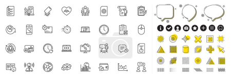 Illustration for Set of Voting ballot, Qr code and Computer mouse line icons for web app. Design elements, Social media icons. Web lectures, Teamwork, People chatting icons. Time, Manual, Search signs. Vector - Royalty Free Image