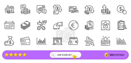 Illustration for Loyalty card, Online payment and Market line icons for web app. Pack of Investment graph, Accounting, Cashback pictogram icons. Donate, Line graph, Lock signs. Dollar, Inflation, Buy currency. Vector - Royalty Free Image