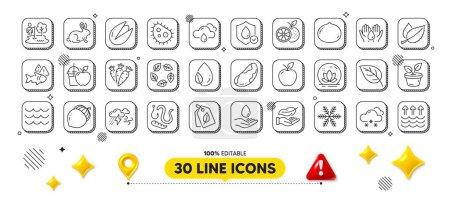 Illustration for Bacteria, Pistachio nut and Leaf dew line icons pack. 3d design elements. Bio tags, Organic tested, Carrots web icon. Snow weather, Water care, Snowflake pictogram. Vector - Royalty Free Image