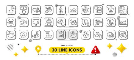 Illustration for Graph chart, Payment click and Document line icons pack. 3d design elements. Report document, Card, Manager web icon. Dollar exchange, Target, Bitcoin coin pictogram. Vector - Royalty Free Image