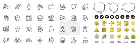 Set of Group, Heart and Yoga line icons for web app. Design elements, Social media icons. Support chat, Electric app, Security app icons. Head, Three fingers, Podium signs. Vector