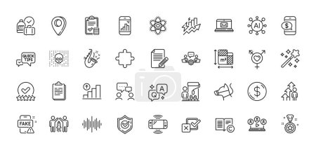 Illustration for Article, Cyber attack and Genders line icons pack. AI, Question and Answer, Map pin icons. Dog leash, Winner reward, Rating stars web icon. Floor plan, Teamwork, People chatting pictogram. Vector - Royalty Free Image