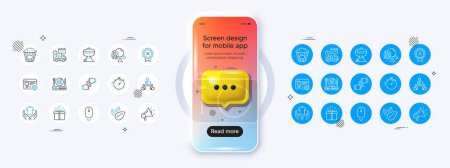 Phone mockup with 3d chat icon. Pre-order food, Hold t-shirt and Organic product line icons. Pack of Special offer, Scroll down, Grill icon. Click hands, Teamwork, Reject medal pictogram. Vector