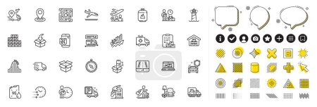 Illustration for Set of Open box, Gps and Delivery time line icons for web app. Design elements, Social media icons. Delivery, Wholesale goods, Car secure icons. Bike courier, Shuttle bus, Petrol station signs. Vector - Royalty Free Image