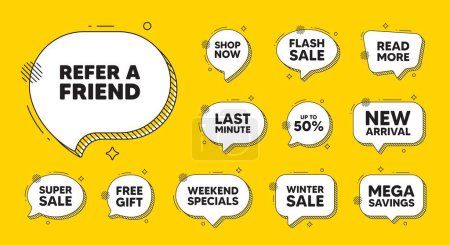 Offer speech bubble icons. Refer a friend tag. Referral program sign. Advertising reference symbol. Refer friend chat offer. Speech bubble discount banner. Text box balloon. Vector