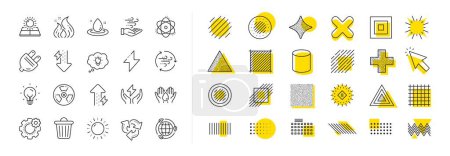 Illustration for Solar panels, wind energy and electric thunder bolt. Design shape elements. Energy line icons. Fire flame, hazard, green ecology icons. Electric plug, thunderbolt, recycling trash can. Vector - Royalty Free Image
