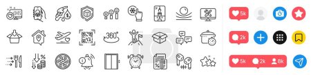Food delivery, Credit card and Qr code line icons pack. Social media icons. Chat messages, Stars, Information bell web icon. Delivery app, Heart, Open box pictogram. Vector