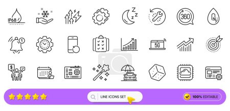 Moon, Waterproof and Accounting line icons for web app. Pack of Magic wand, Dice, Motherboard pictogram icons. Cloud computing, Demand curve, Reminder signs. Time management, No alcohol. Vector