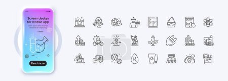 Illustration for Baggage belt, Engineer and Window line icons for web app. Phone mockup gradient screen. Pack of Teamwork, Treasure map, Online voting pictogram icons. Vector - Royalty Free Image
