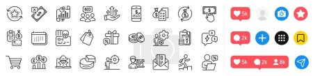 Market sale, Savings and Mobile finance line icons pack. Social media icons. Credit card, Payment click, Report document web icon. Payment, Online discounts, Leader run pictogram. Vector