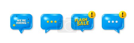 Illustration for Offer speech bubble 3d icons. We are hiring tag. Recruitment agency sign. Hire employees symbol. Hiring chat offer. Flash sale, danger alert. Text box balloon. Vector - Royalty Free Image