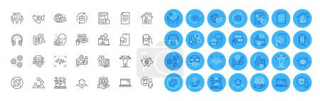 Illustration for Internet report, Best buyers and Gears line icons pack. Seo devices, Laptop, 360 degree web icon. Work home, Route, Augmented reality pictogram. Map, Airplane travel, Piggy sale. Vector - Royalty Free Image