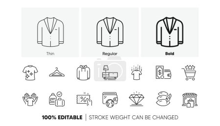 Hoody, Dresser and Pillow line icons. Pack of Wallet, Wallet money, Carry-on baggage icon. Market, Dry t-shirt, Diamond pictogram. Clean t-shirt, Suit, Shopping rating. Cloakroom. Line icons. Vector