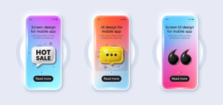 Illustration for Phone 3d mockup gradient screen. Hot Sale tag. Special offer price sign. Advertising Discounts symbol. Hot sale phone mockup message. 3d chat speech bubble. Yellow text box app. Vector - Royalty Free Image