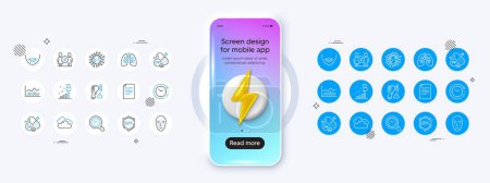Illustration for Time change, Time management and Document line icons. Phone mockup with 3d energy icon. Pack of Discrimination, Lungs, Coronavirus icon. Spf protection, Selenium mineral, Niacin pictogram. Vector - Royalty Free Image