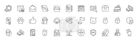 Illustration for Loan percent, Scroll down and Woman read line icons. Pack of Time, Electricity factory, Milestone icon. 24h service, Spf protection, Search calendar pictogram. Cv documents. Line icons. Vector - Royalty Free Image