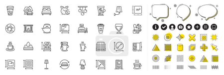 Illustration for Set of Latte, Ceiling lamp and Takeaway coffee line icons for web app. Design elements, Social media icons. Entrance, Deluxe mattress, Waterproof mattress icons. Vector - Royalty Free Image