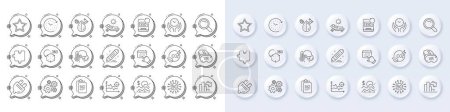 Co2 gas, Clipboard and Dirty water line icons. White pin 3d buttons, chat bubbles icons. Pack of Safe time, Search, Decreasing graph icon. Sick man, Time change, Event click pictogram. Vector