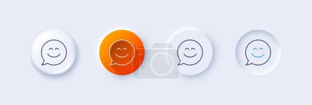 Ilustración de Sonríe icono de la línea de chat. Neumorfa, gradiente naranja, botones de pin 3d. Feliz emoticono. Símbolo de burbuja del habla. Iconos de línea. Botones neumórficos con signos de contorno. Vector - Imagen libre de derechos